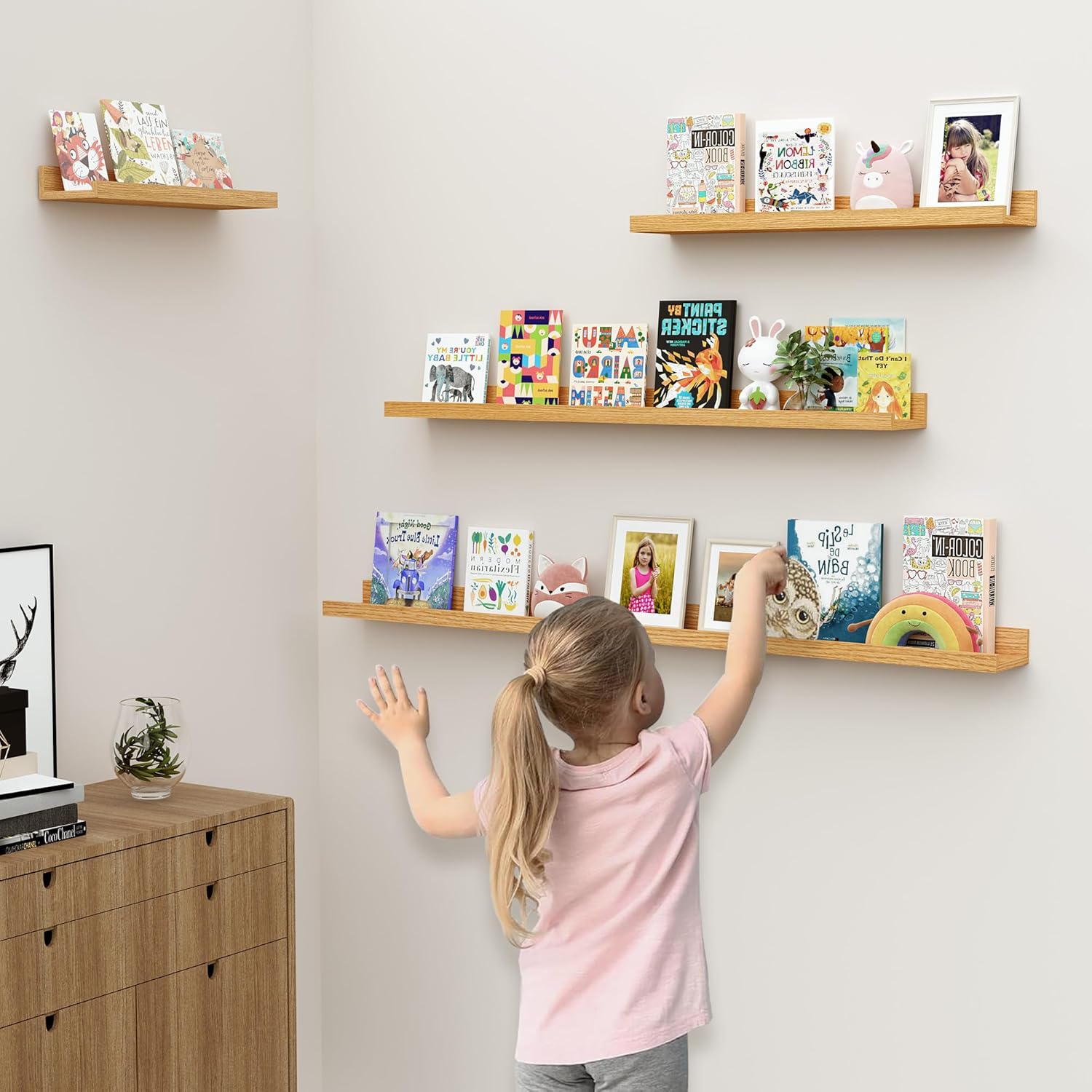 Lot de 2 étagères flottantes de 40 cm, en bois de chêne naturel, montage mural, pour photos, bibliothèques pour enfants, pour salon, cuisine, chambre, salle de bain, photos, organisation de la maison Chêne Naturel 40 cm, Set of 2