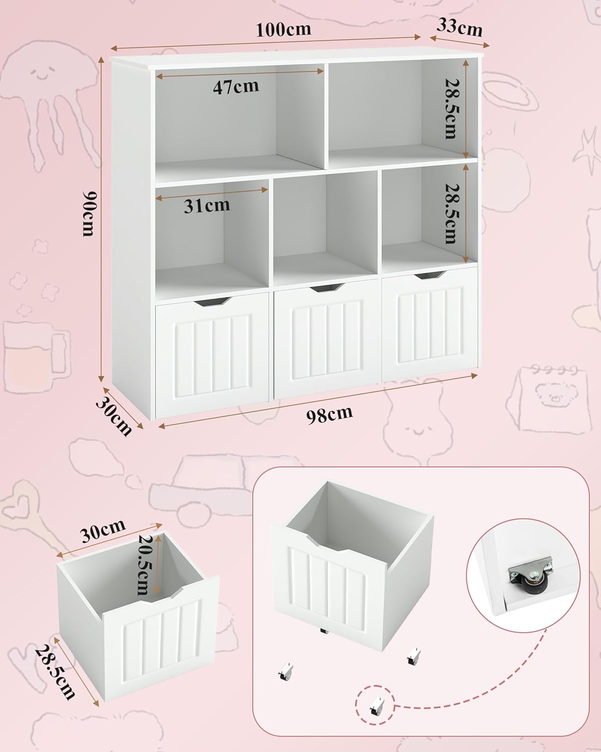 Bibliothèque Enfant avec 5 Compartiments, Meuble de Rangement Enfant avec 3 Tiroirs, Étagère Chambre Enfant, Rangement Jouet, Meuble Montessori, Blanc 100x33x89.5cm 100 x 33 x 89.5 cm Blanc