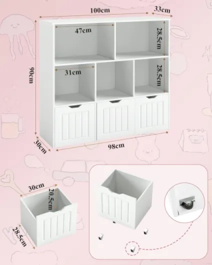 Bibliothèque Enfant avec 5 Compartiments, Meuble de Rangement Enfant avec 3 Tiroirs, Étagère Chambre Enfant, Rangement Jouet, Meuble Montessori, Blanc 100x33x89.5cm 100 x 33 x 89.5 cm Blanc