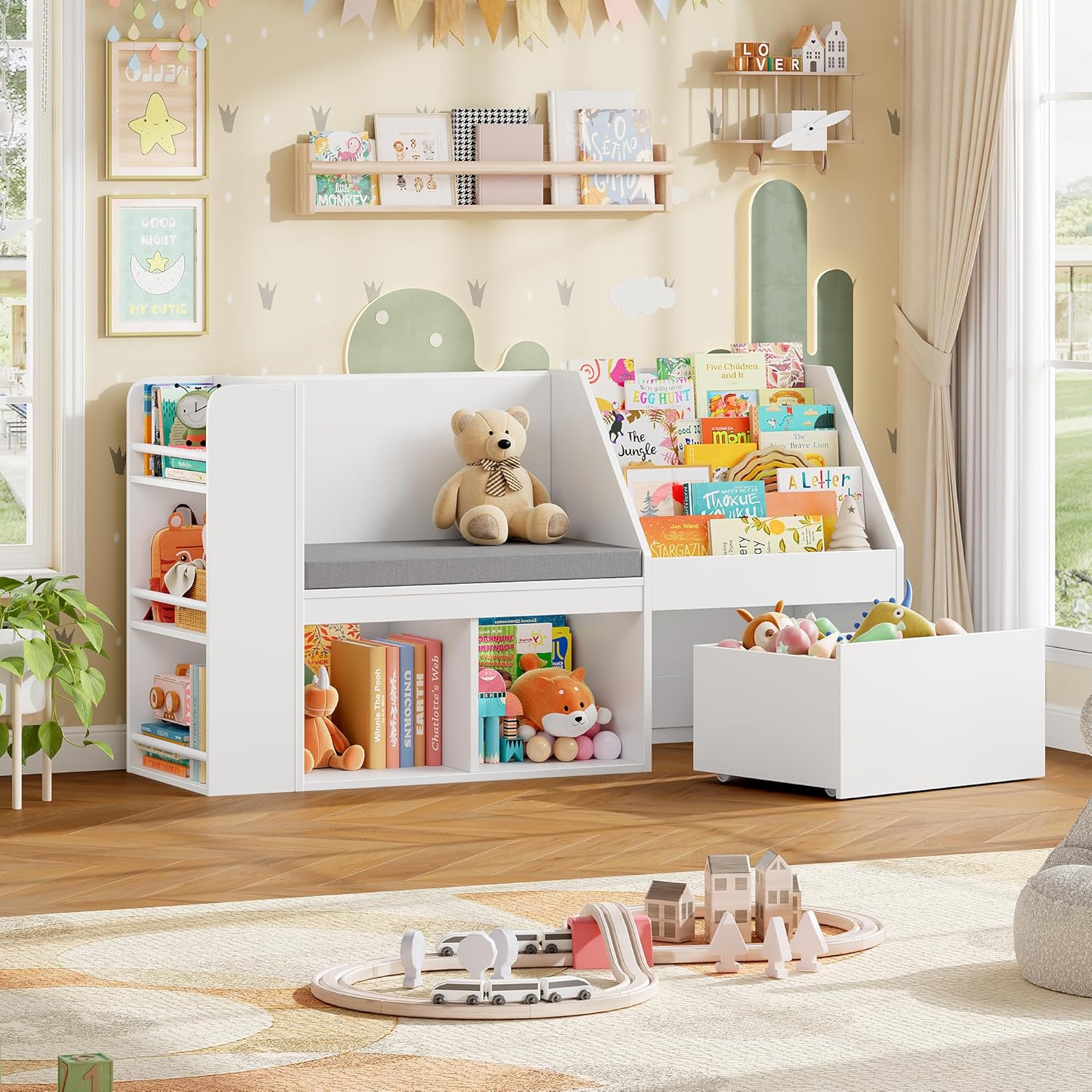 Bibliothèque Enfants, Meuble Rangement Enfant avec Bibliothèque Banc, Étagère à Jouets pour Enfant avec Tiroirs Roulants, Meuble Rangement Jouet, Blanc