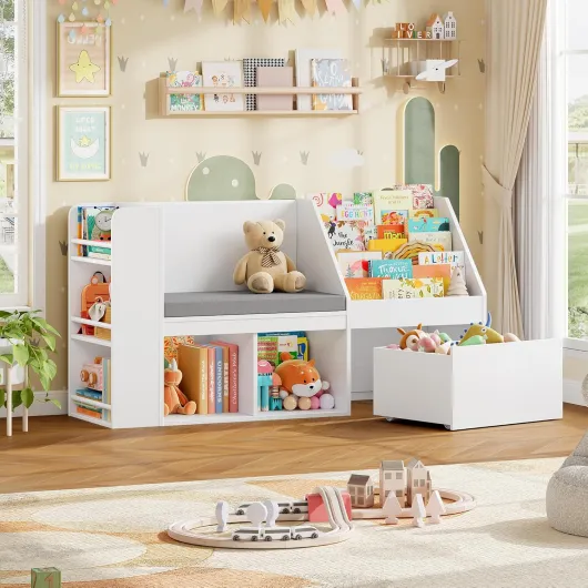 Bibliothèque Enfants, Meuble Rangement Enfant avec Bibliothèque Banc, Étagère à Jouets pour Enfant avec Tiroirs Roulants, Meuble Rangement Jouet, Blanc