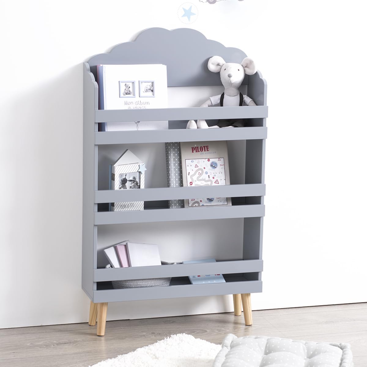 Bibliothèque Enfant Nuage Gris 3 étagères - Atmosphera L - 58 x l - 100 x H - 18 cm Gris