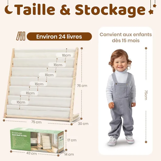 Bibliotheque Enfant en Bois Massif à 7 Niveaux - Etagere de Rangement pour Livres - Présentoir Livres Bebe avec Design Stable - Meuble Montessori pour Chambre d’Enfant (75 cm, Naturel) Naturel 75 x 76 cm