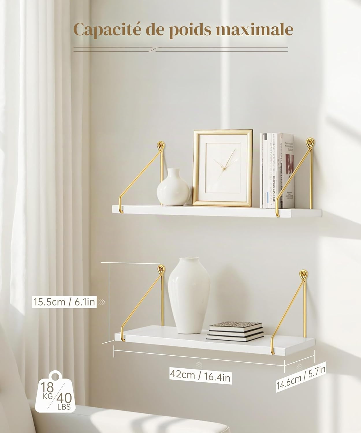 Etagere Murale Bois Blanc Or Metal Salle de Bain Chambre Cuisine Moderne Design Domicile Decorer, Lot de 2 Or Blanc 42x15 / 2