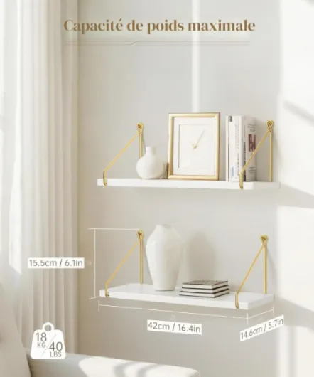 Etagere Murale Bois Blanc Or Metal Salle de Bain Chambre Cuisine Moderne Design Domicile Decorer, Lot de 2 Or Blanc 42x15 / 2