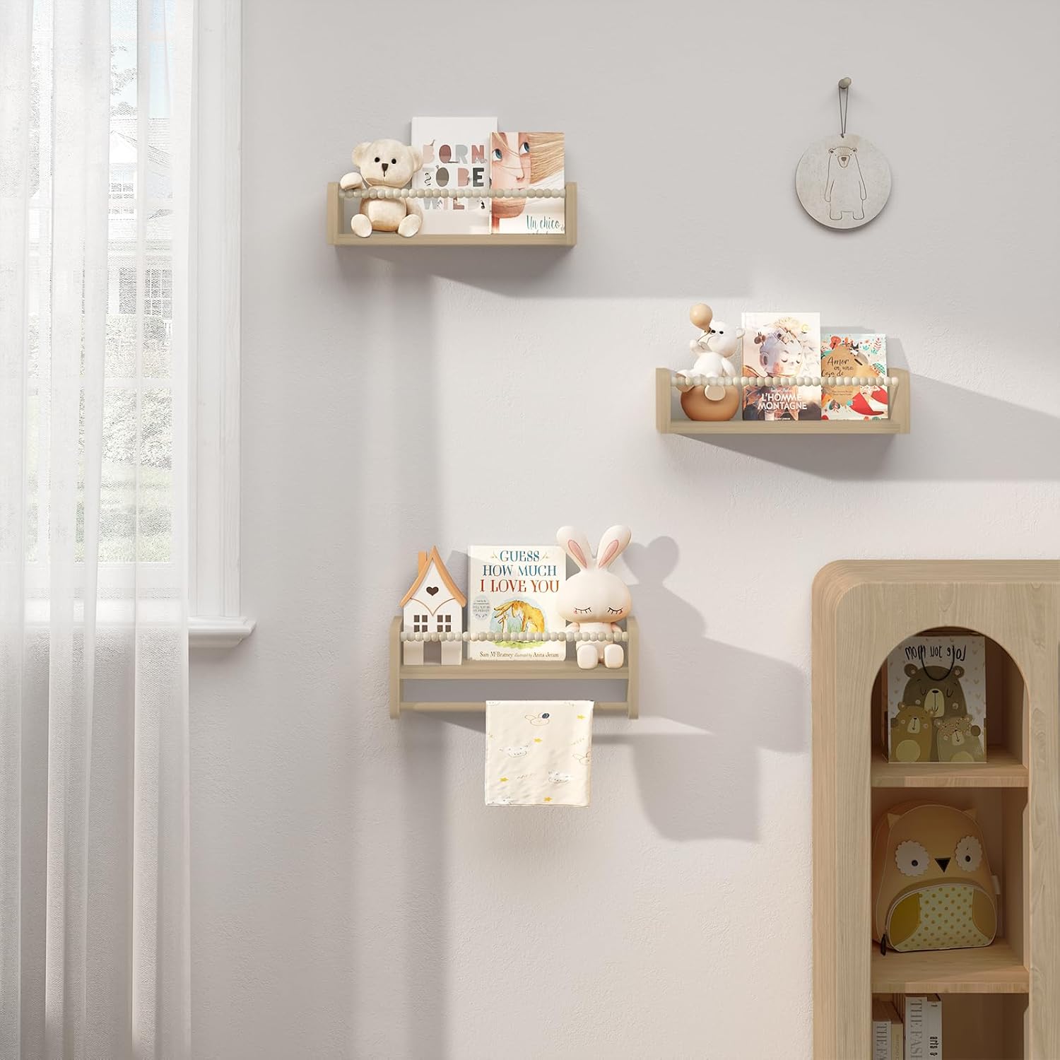 Étagère Murale pour Enfant, Lot de 3, Étagère Livre Enfant, en Bois Massif, 40cm, avec Perles en Bois 40 x 15 x 14 cm Bois Naturel
