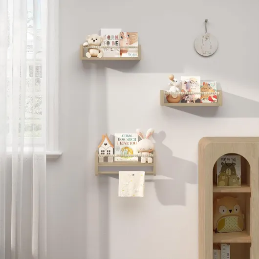 Étagère Murale pour Enfant, Lot de 3, Étagère Livre Enfant, en Bois Massif, 40cm, avec Perles en Bois 40 x 15 x 14 cm Bois Naturel
