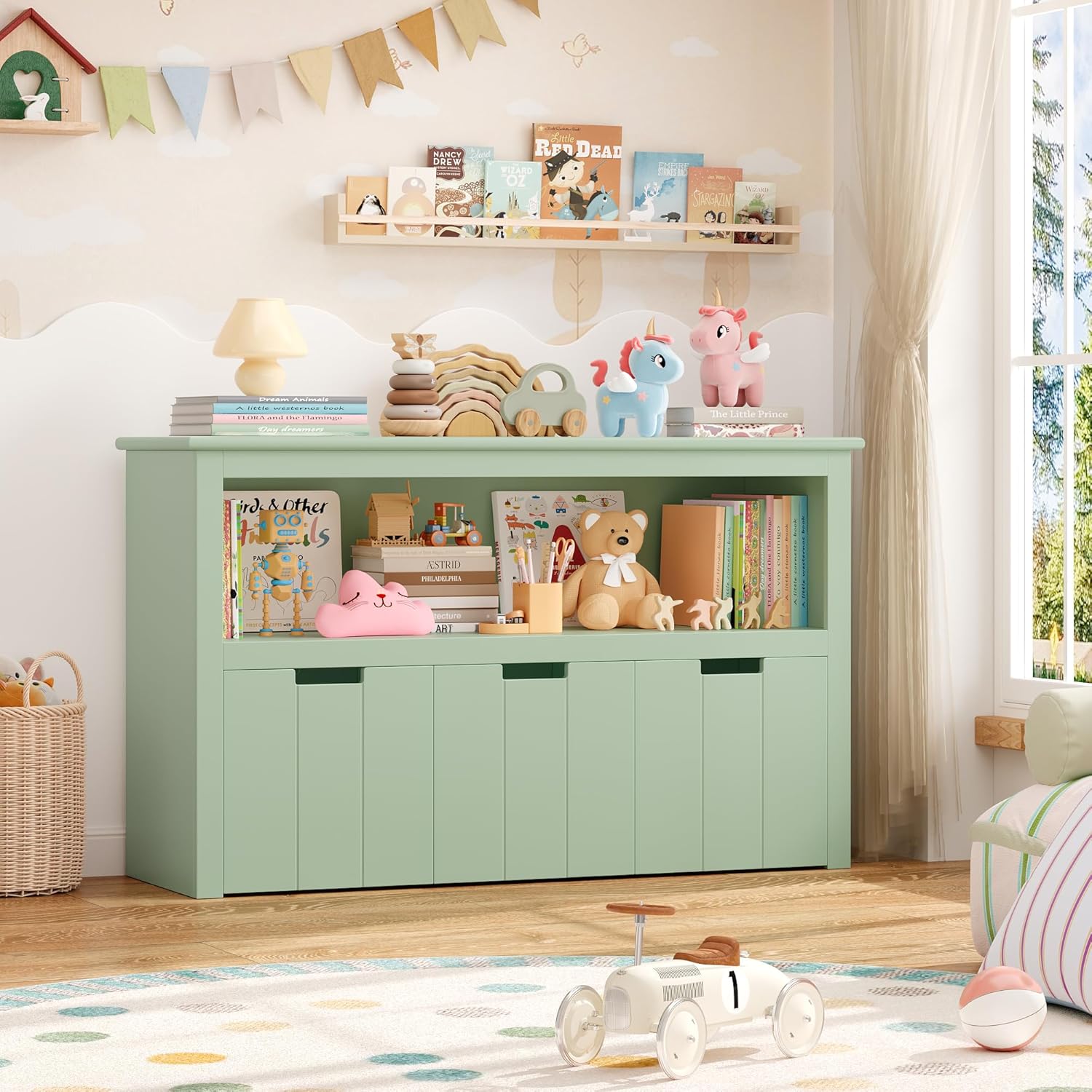Meuble Rangement Jouet Bibliothèque pour Enfants Étagère Armoire de Rangement avec 3 Tiroirs Roulants Vert 102x33x61.5cm