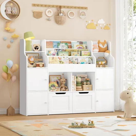 Meuble de Rangement Enfant Bibliothèque Enfant avec 13 Étagères Rangement Jouet avec 2 Tiroirs Roulants 2 Portes pour Chambre d'enfants Salle de Jeu 122x30x100cm Blanc