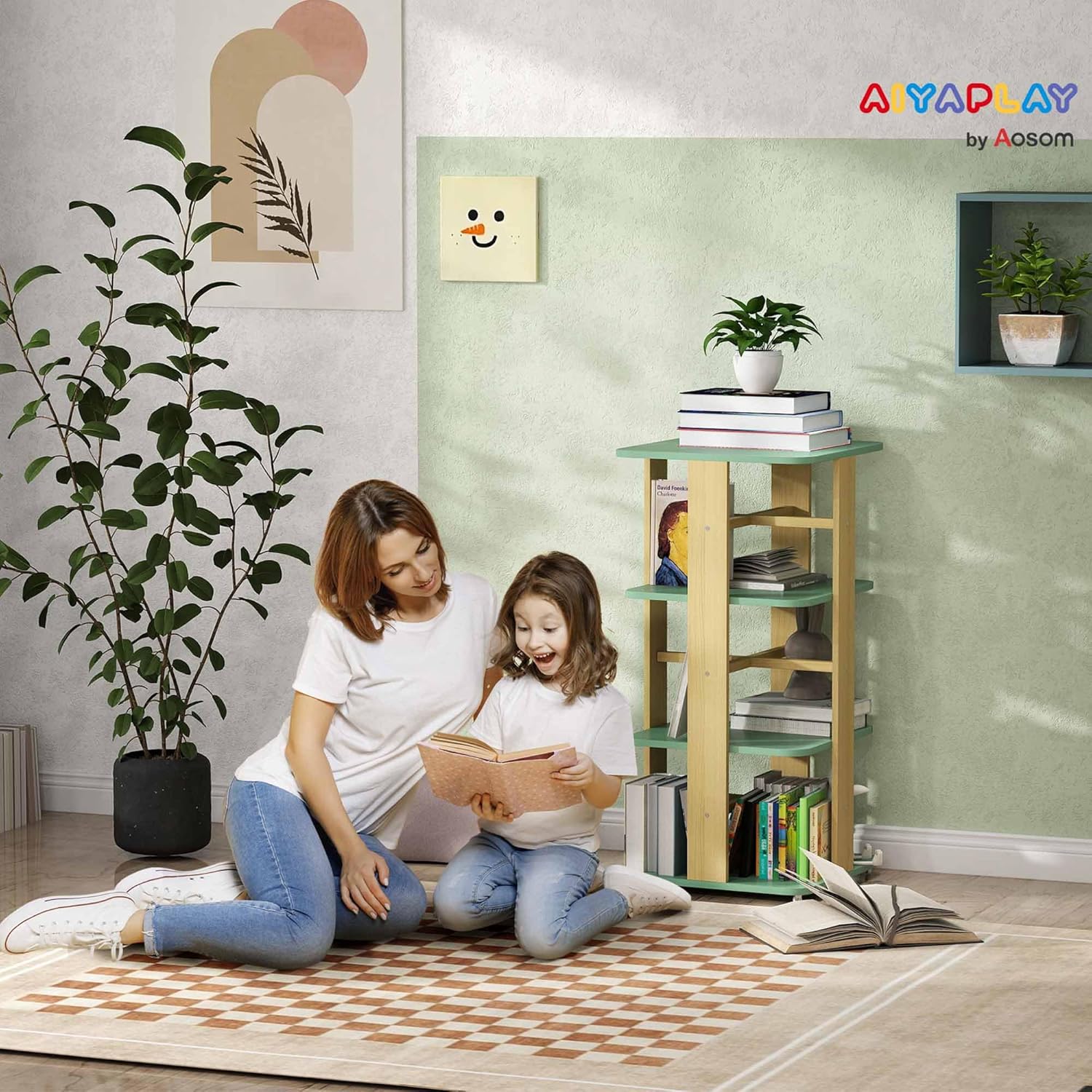 Bibliothèque pour Enfant avec roulettes, Rangement Livre Enfant 3 Niveaux, Meuble de Rangement pour Jouets, étagère Chambre pour Salle de Jeux, Vert
