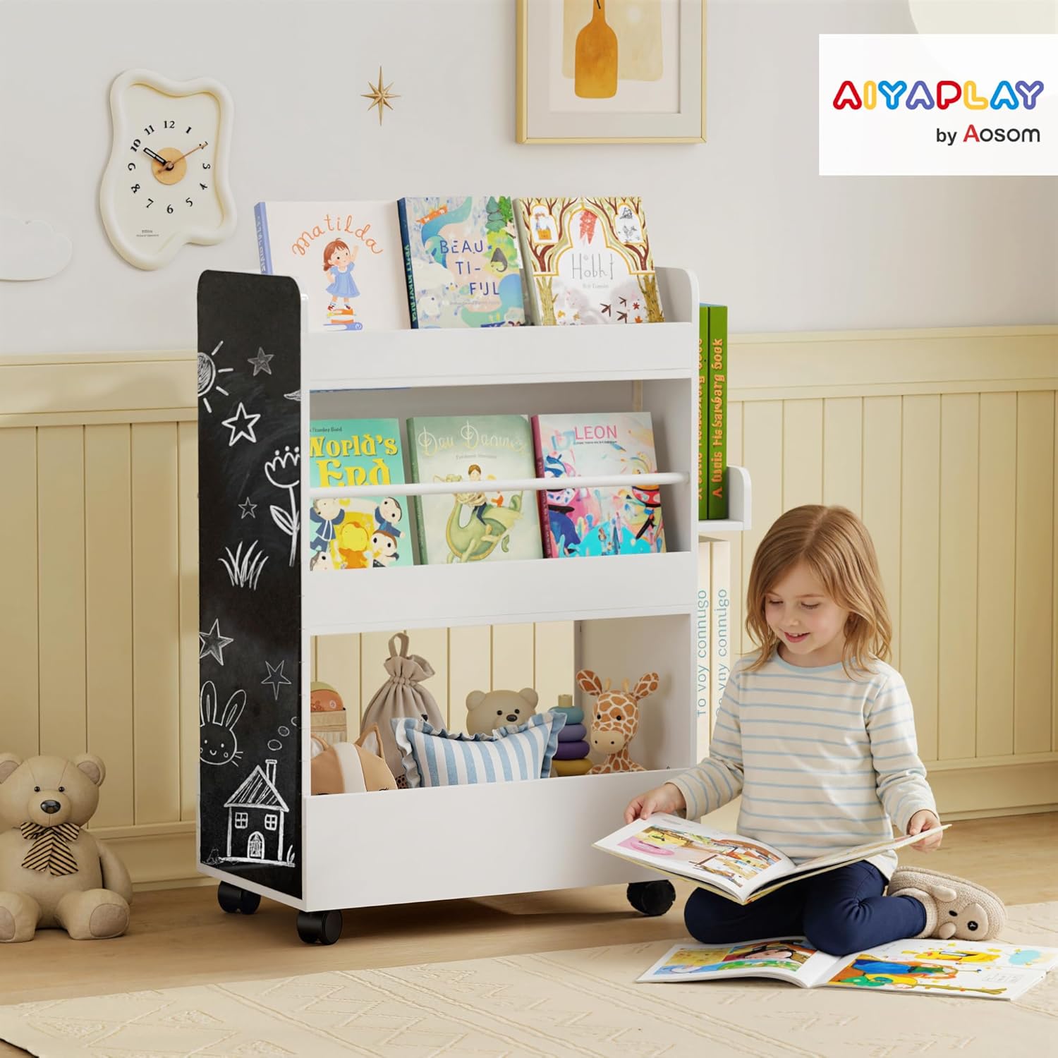 Bibliothèque pour Enfant avec roulettes, Rangement Livre Enfant avec Tableau Noir, Meuble de Rangement, étagère Chambre Enfant de 3 à 8 Ans pour Salle de Jeux, Chambre d'enfant, Blanc