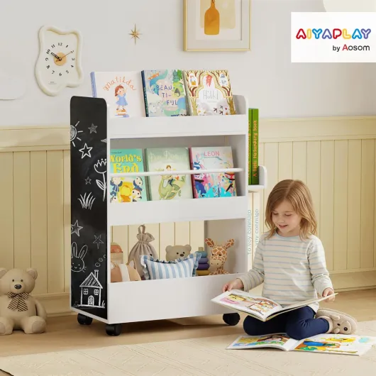 Bibliothèque pour Enfant avec roulettes, Rangement Livre Enfant avec Tableau Noir, Meuble de Rangement, étagère Chambre Enfant de 3 à 8 Ans pour Salle de Jeux, Chambre d'enfant, Blanc