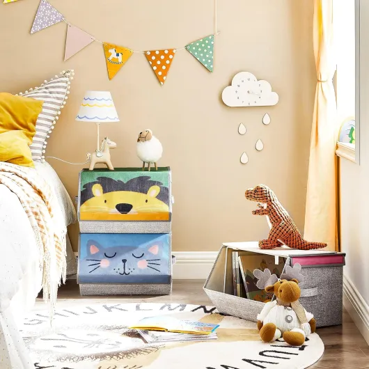Boîtes de Rangement pour Enfant, Lot de 3, Empilables, Pliables, Poignées, Couvercle Magnétique, Chambre d'Enfant, Salle de jeux, Motif Lapin Chat Lion, Rose, Bleu, Vert et Gris RFB760P01