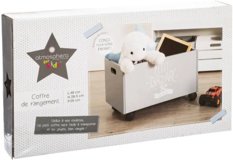Atmosphera - Coffre de Rangement à Jouets - Gris - 48 x 28 x 28,5 cm - Bois, À roulettes avec Freins - pour Chambre d'enfant 48x28cm Gris