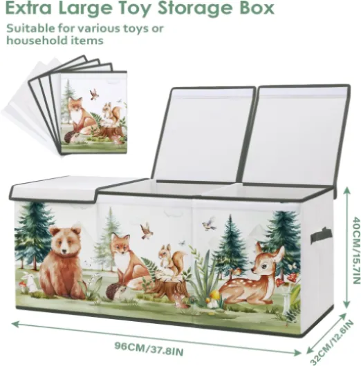 Grande Boîte à Jouets avec Couvercle pour Enfants, Coffre de Rangement Pliable Oxford avec Poignée, Imperméable Anti-poussière Boîte de Rangement pour Filles Garçons, 96×32×40 cm (Animaux d'hiver)
